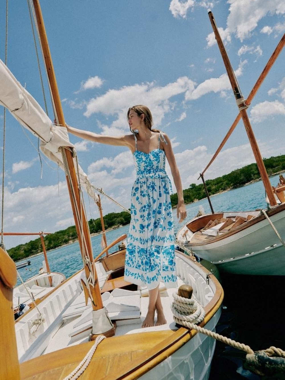 Zara White and Blue Floral Tie-Strap Midi Dress